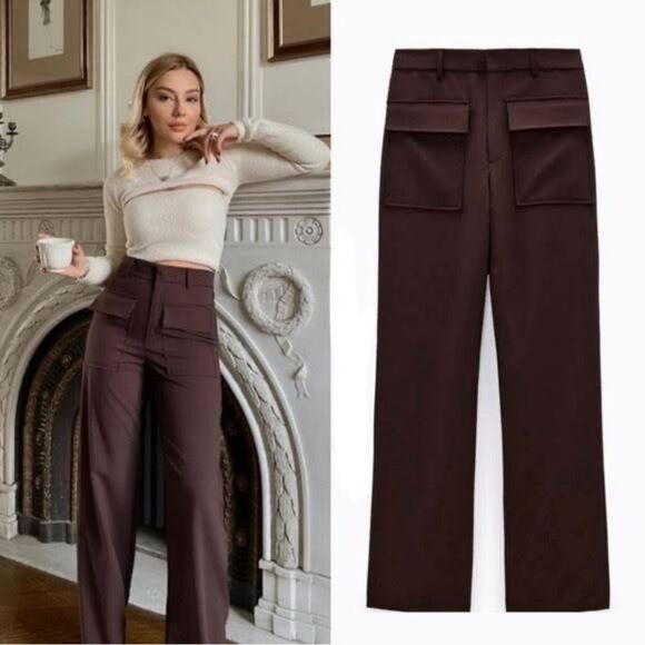 ZARA High Waist Brown Trousers with Front Pockets - Size US S / EUR S / MEX 26 - Picture 1 of 6